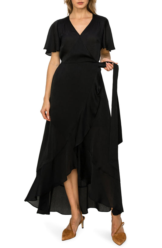 MELLODAY V-Neck Ruffle Sleeve Wrap Dress, Main, color, BLACK