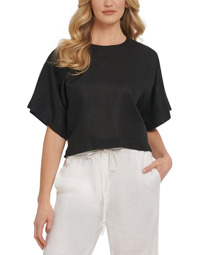 DKNY - Linen Drop Shoulder Short Sleeve Top