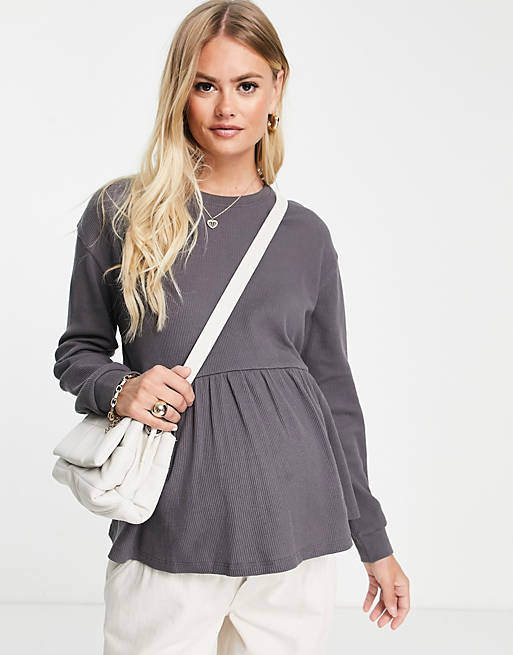 ASOS DESIGN Maternity waffle smock top with blouson sleeve in charcoal