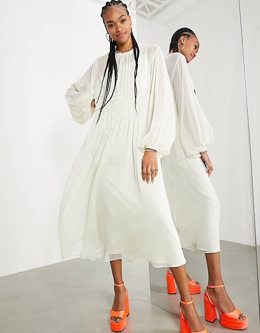 ASOS EDITION shirred front maxi dress in neutral