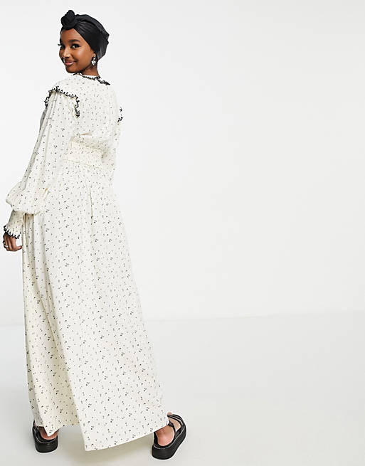 ASOS DESIGN shirred waist maxi ditsy print dress with contrast stitching in white