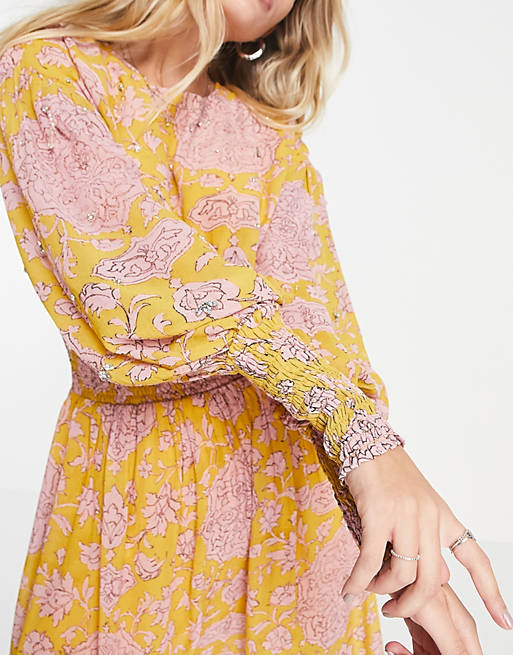 Topshop occasion yellow and pink embellished midaxi dress