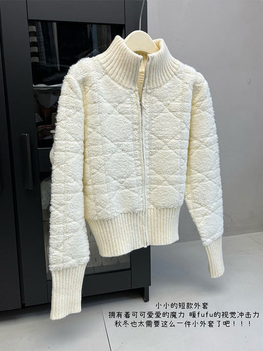 2022 Autumn Winter Knitwear Women Thicken Warm Short Knit Cardigan Outer Half High Collar Short Sweater Zipper Female Lambs Wool