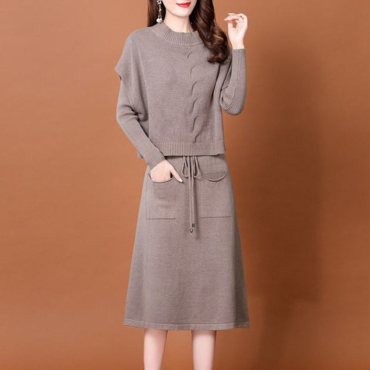 2022 Autumn Winter New Women Pullover Vest Sweater + Dress Suit Solid High Quality Long Sleeve Knitted Two Piece Sets X101