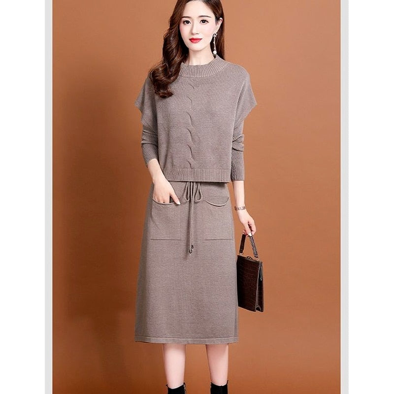 2022 Autumn Winter New Women Pullover Vest Sweater + Dress Suit Solid High Quality Long Sleeve Knitted Two Piece Sets X101