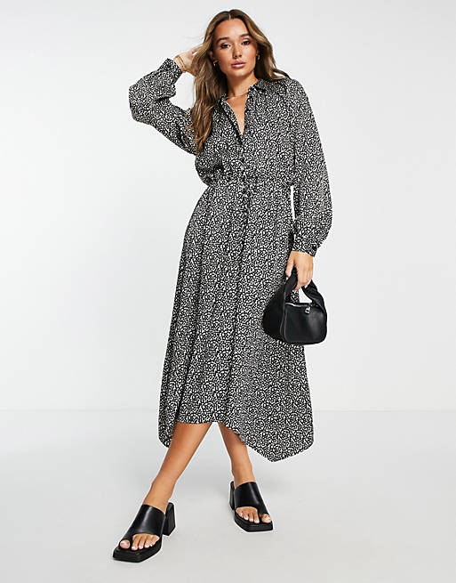 Topshop spot print tie waisted midi shirt dress in mono