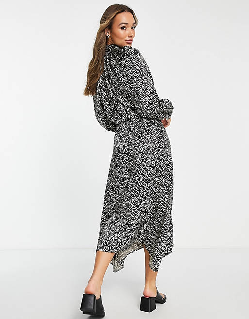 Topshop spot print tie waisted midi shirt dress in mono