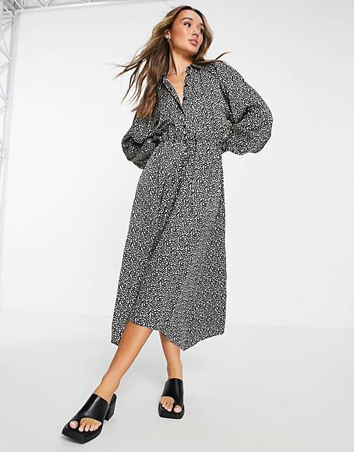 Topshop spot print tie waisted midi shirt dress in mono