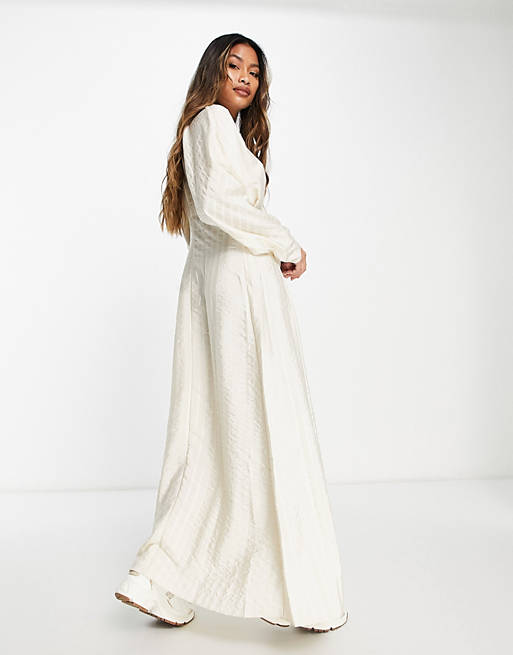 ASOS DESIGN texture stripe volume sleeve maxi shirt dress in vintage cream