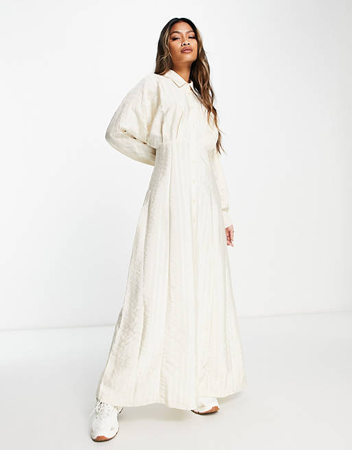 ASOS DESIGN texture stripe volume sleeve maxi shirt dress in vintage cream