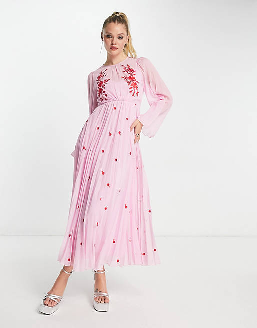 ASOS DESIGN tie back pleated sleeve midi dress in pink with red embroidery