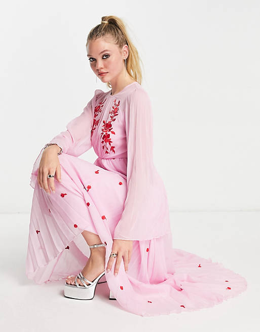 ASOS DESIGN tie back pleated sleeve midi dress in pink with red embroidery