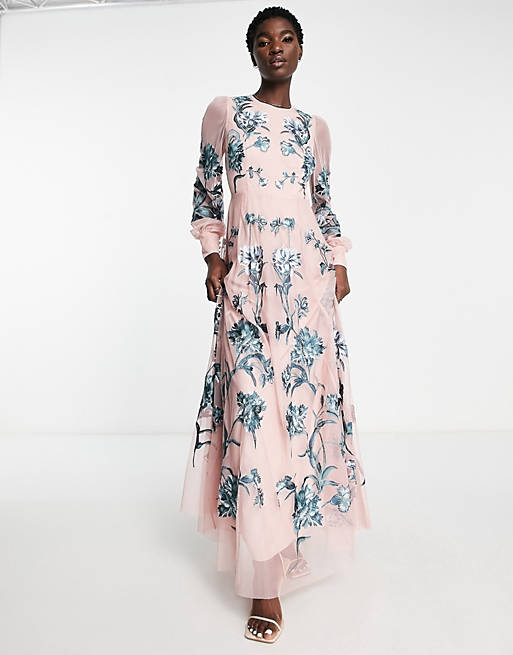 ASOS EDITION blouson sleeve floral embroidered maxi dress with open back in light pink