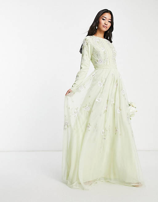 ASOS DESIGN Bridesmaid pearl embellished long sleeve maxi dress with floral embroidery in sage