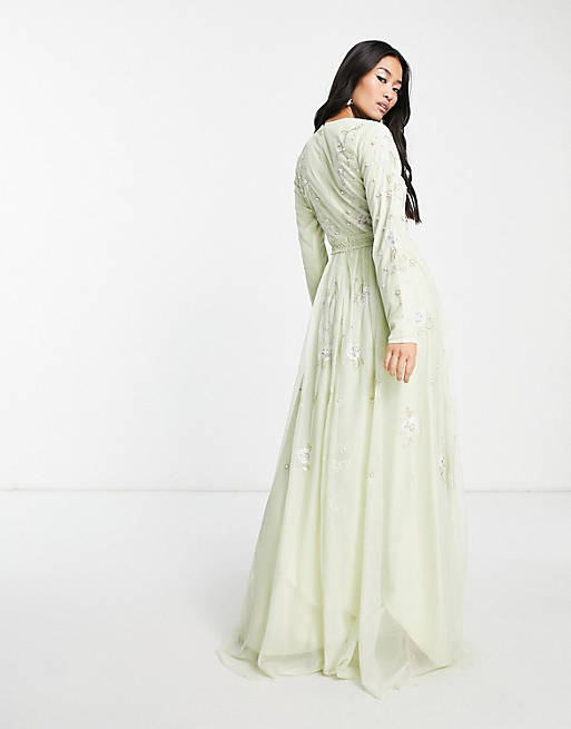 ASOS DESIGN Bridesmaid pearl embellished long sleeve maxi dress with floral embroidery in sage