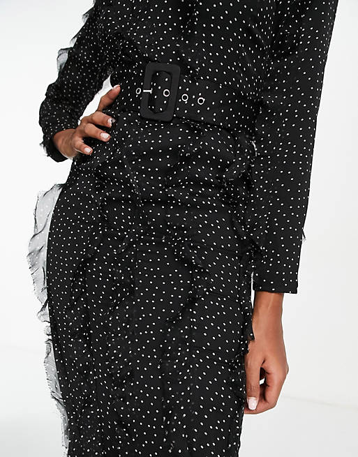 ASOS DESIGN long sleeve ruffle detail maxi dress in black based mono spot