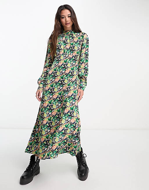 Pieces high neck midi dress in multi floral