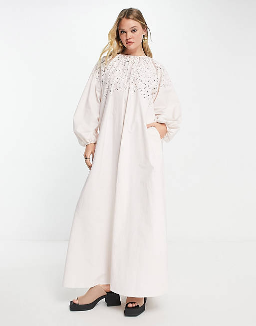 ASOS DESIGN maxi smock dress with cutwork in natural