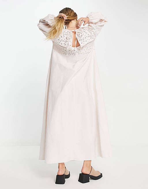 ASOS DESIGN maxi smock dress with cutwork in natural