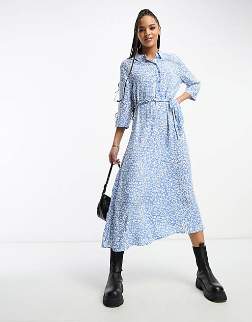 JDY belted maxi shirt dress in light blue ditsy floral