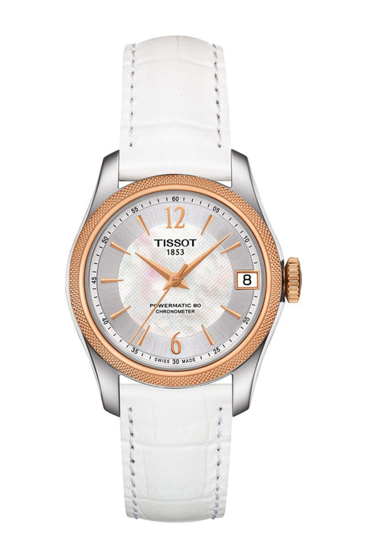 TISSOT Ballade Powermatic 80 COSC Croc Embossed Leather Strap Watch, 32mm, Main, color, WHITE MOTHER OF PEARL