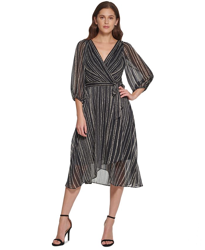 DKNY - Women's Printed Chiffon Balloon-Sleeve Wrap Midi Dress