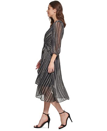 DKNY - Women's Printed Chiffon Balloon-Sleeve Wrap Midi Dress