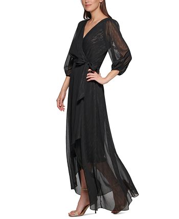 DKNY - Women's V-Neck Shiny-Foil Faux-Wrap Gown