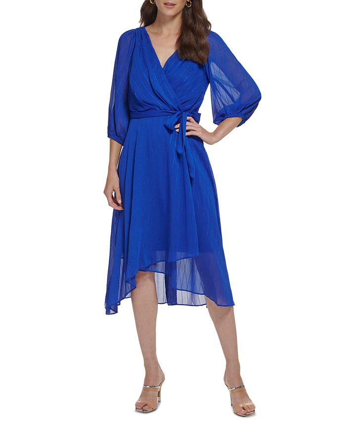 DKNY - Women's V-Neck Belted Balloon-Sleeve Chiffon Dress