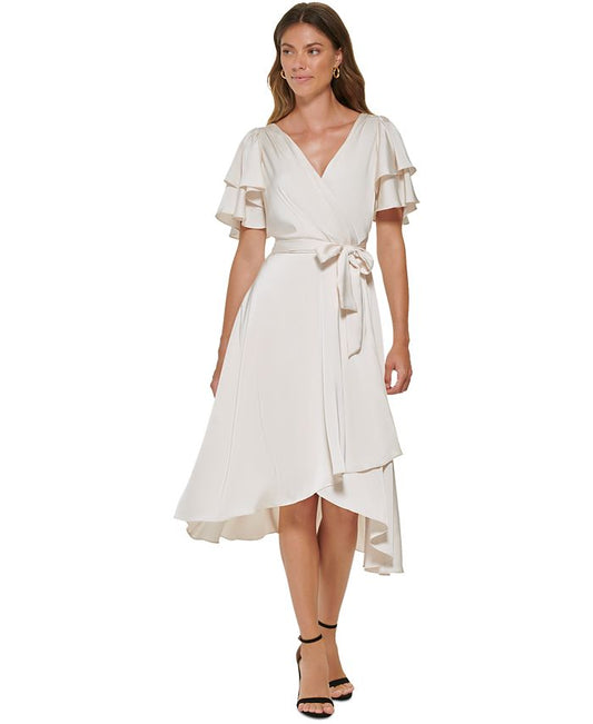 DKNY - Women's Flutter-Sleeve Tie-Waist Faux-Wrap Dress