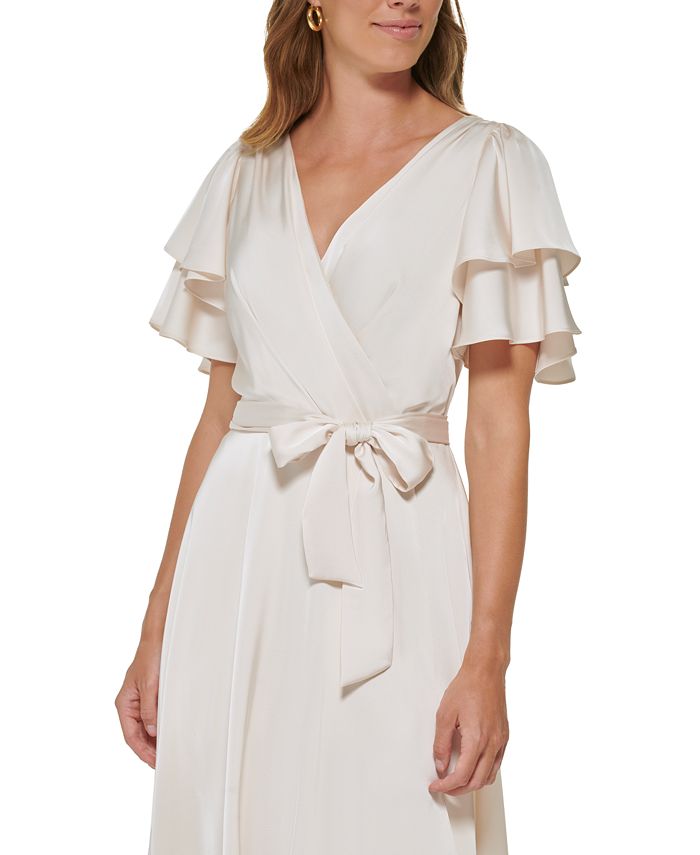 DKNY - Women's Flutter-Sleeve Tie-Waist Faux-Wrap Dress