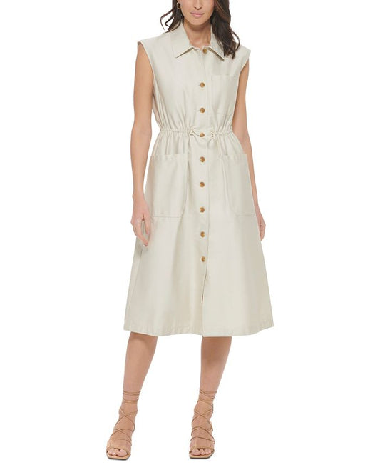 Calvin Klein - Women's Button-Front Patch Pocket Sleeveless Midi Shirtdress