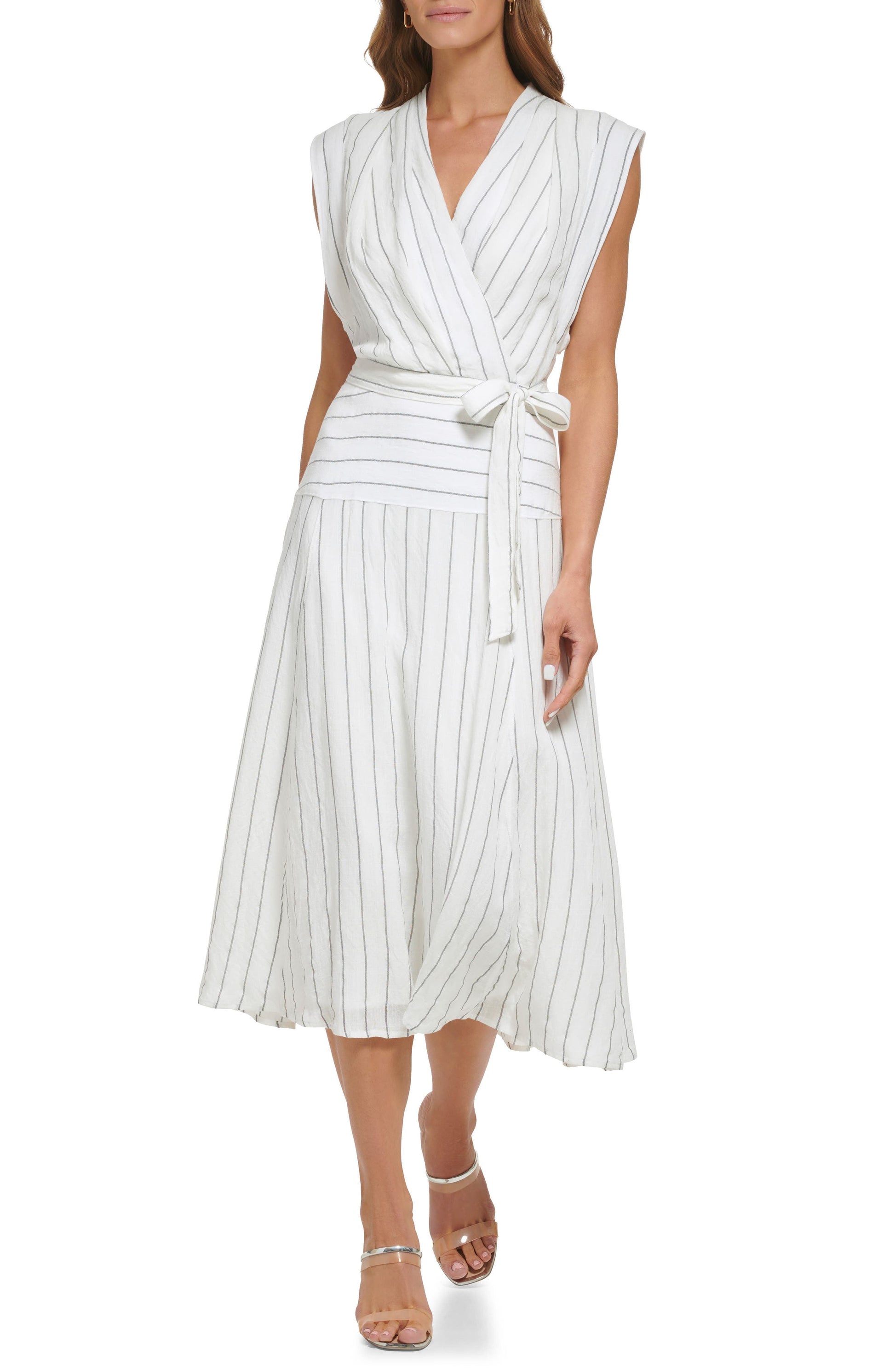 DKNY Pinstripe Linen & Cotton Maxi Dress, Main, color, IVORY/ BLACK