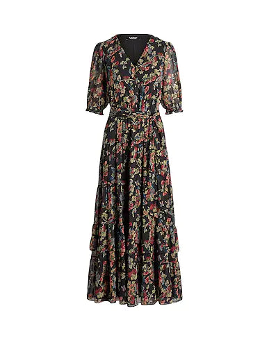 LAUREN RALPH LAUREN Long dress FLORAL BELTED CRINKLE GEORGETTE DRESS
 Black 100% Recycled polyester