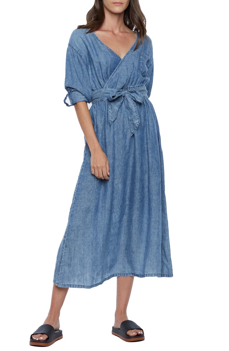 WASH LAB DENIM Crossover Faux Wrap Denim Midi Dress