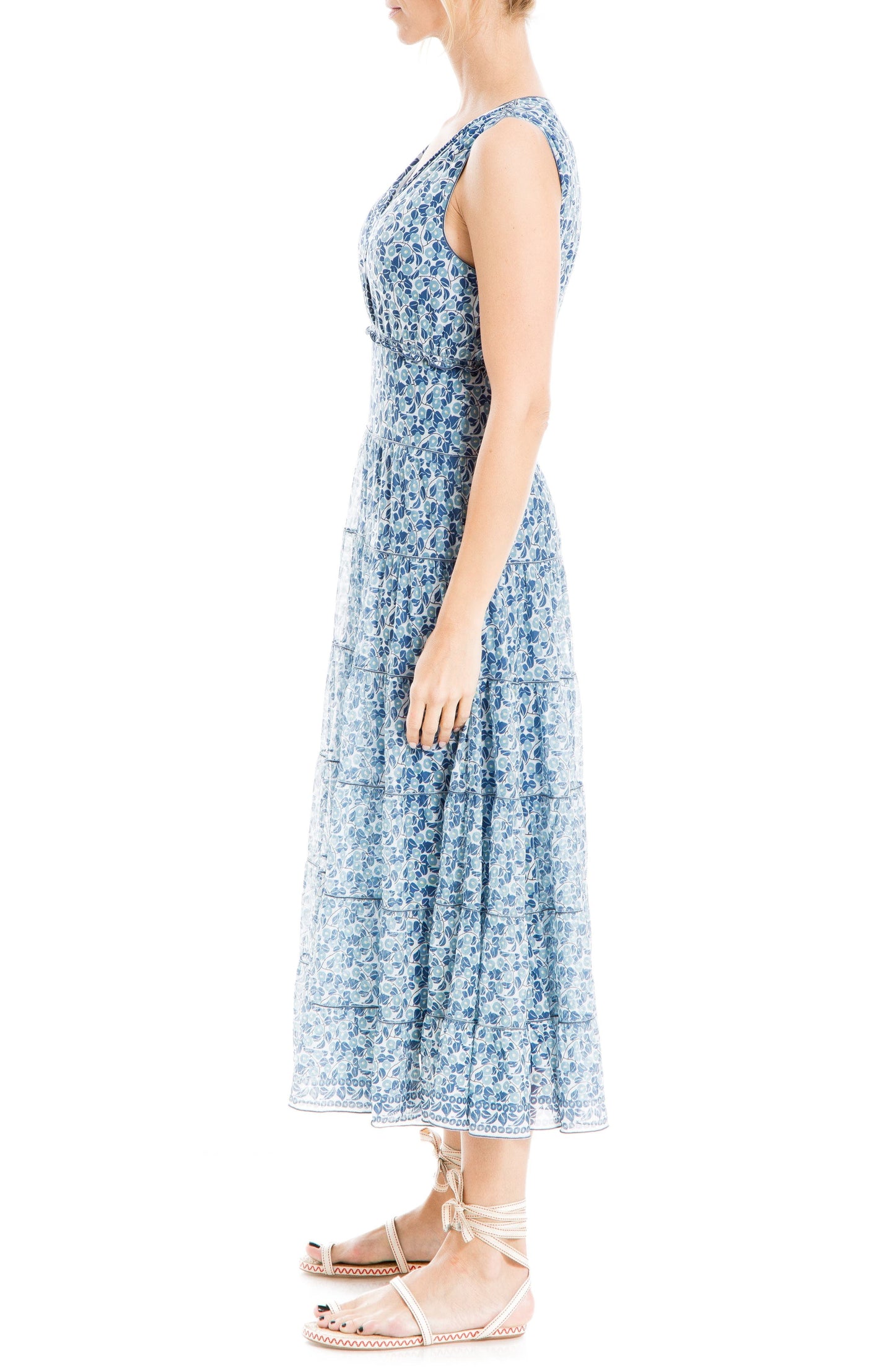 MAX STUDIO V-Neck Sleeveless Mesh Midi Dress, Alternate, color, IVORY/ BLUE LILY VINES