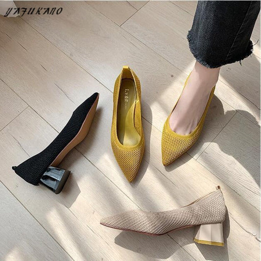 4 cm Women Knit Fabric Pumps Fashion V Mouth Stretchy Med Square Gold Heels Pointy Toe Slip On Office Shoes Autumn