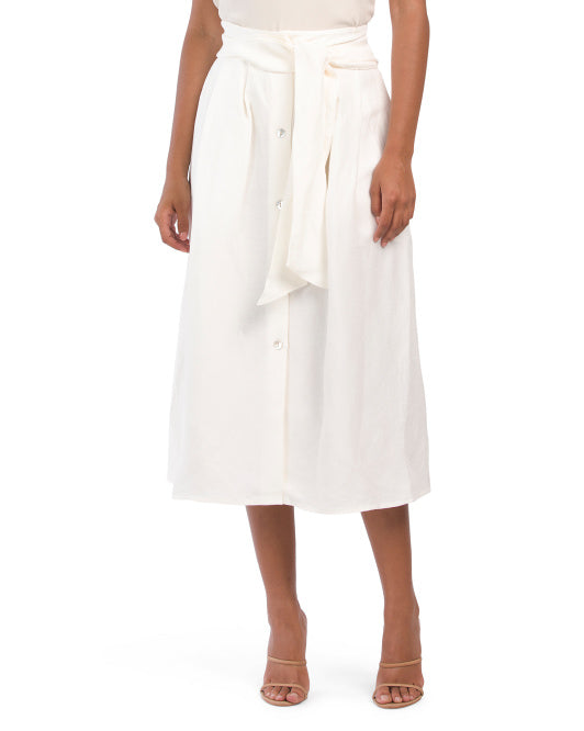 main image of Linen Blend Belted Button Front Skirt