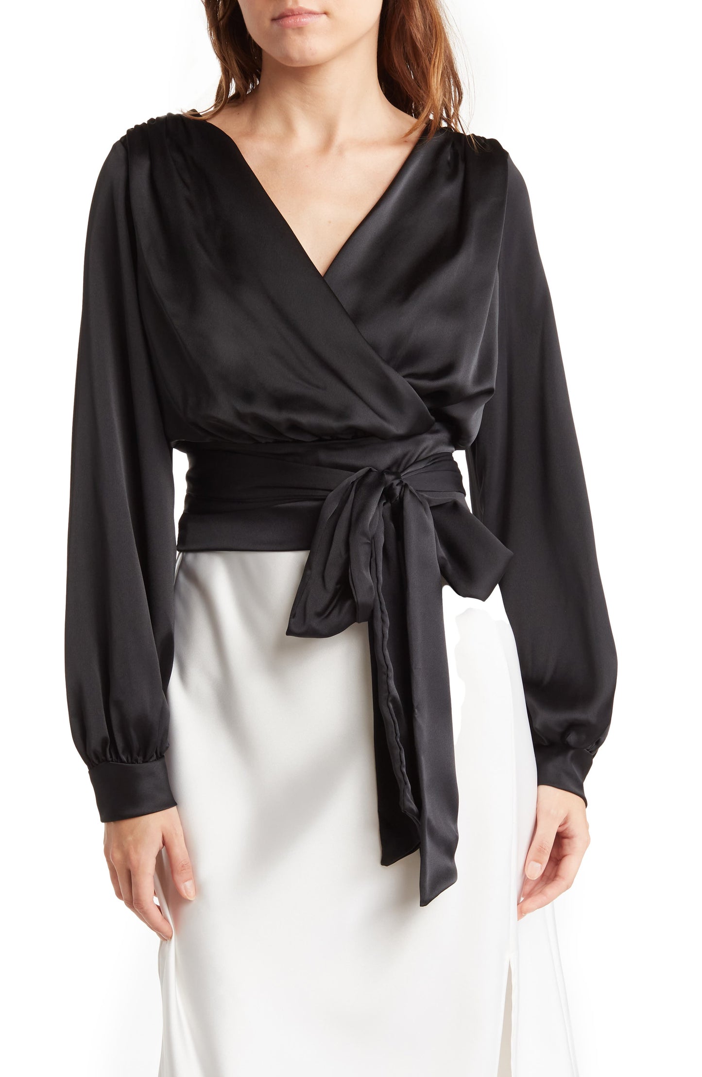 RENEE C V-Neck Solid Satin Top, Main, color, BLACK