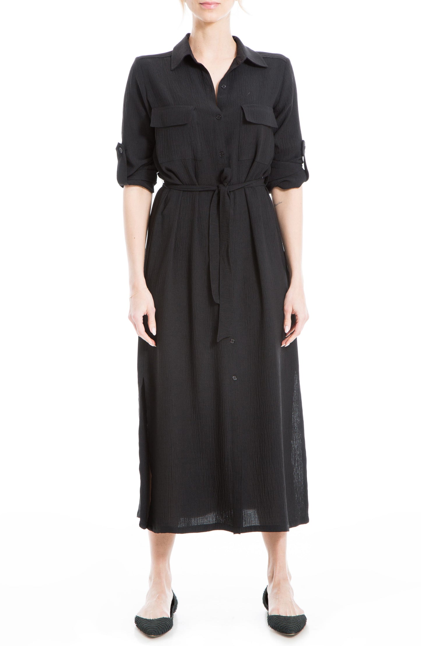 MAX STUDIO Tab Sleeve Button-Down Midi Dress, Main, color, BLACK118