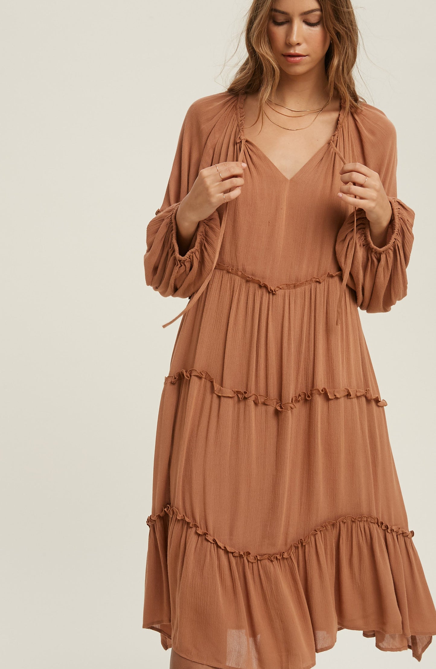 WISHLIST Notched Neck Long Sleeve Tiered Dress, Alternate, color, Brown