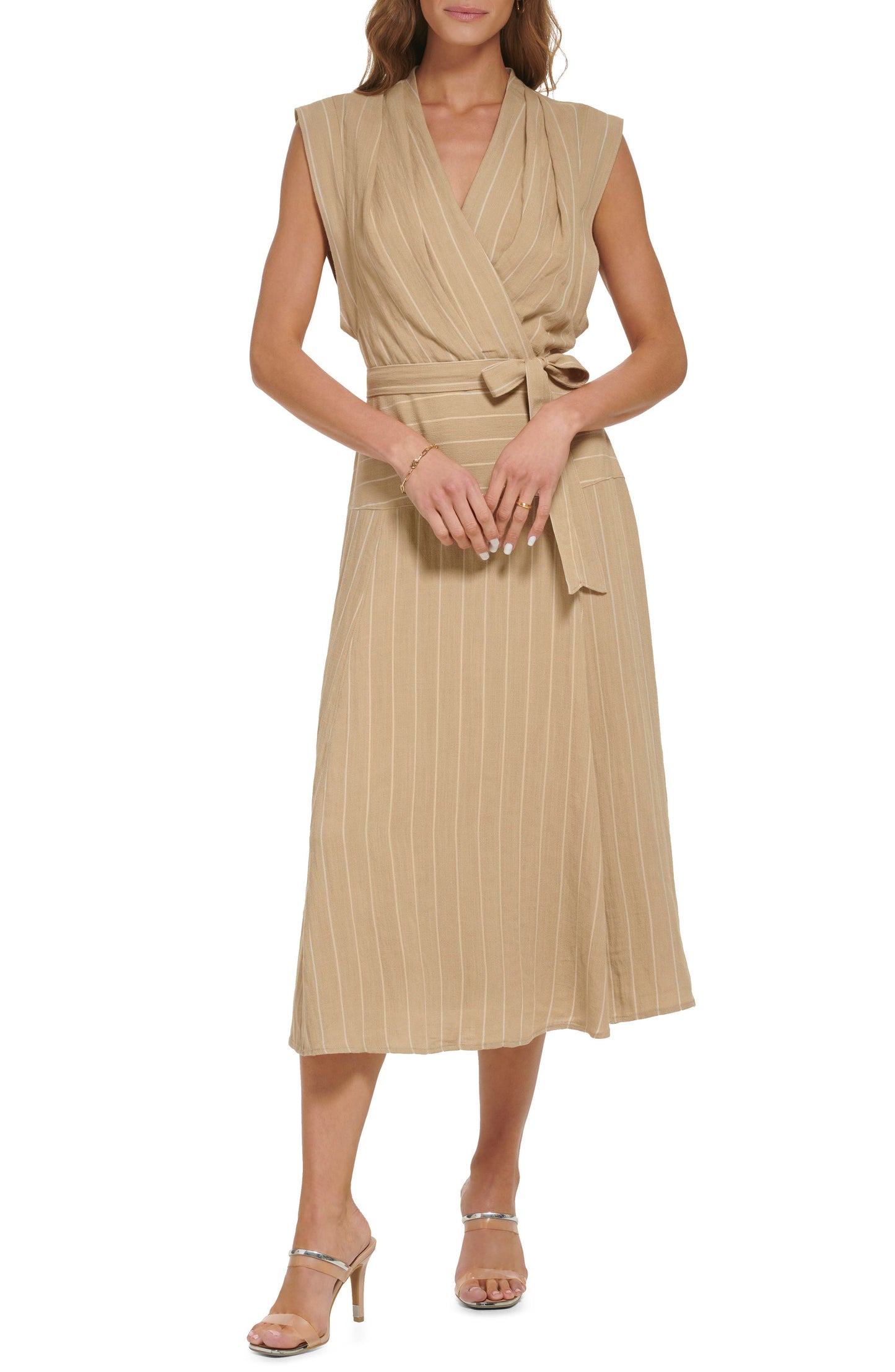 DKNY Pinstripe Linen & Cotton Maxi Dress, Main, color, KHAKI/ IVORY