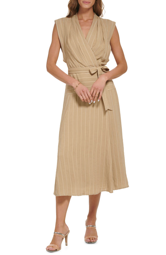 DKNY Pinstripe Linen & Cotton Maxi Dress, Main, color, KHAKI/ IVORY