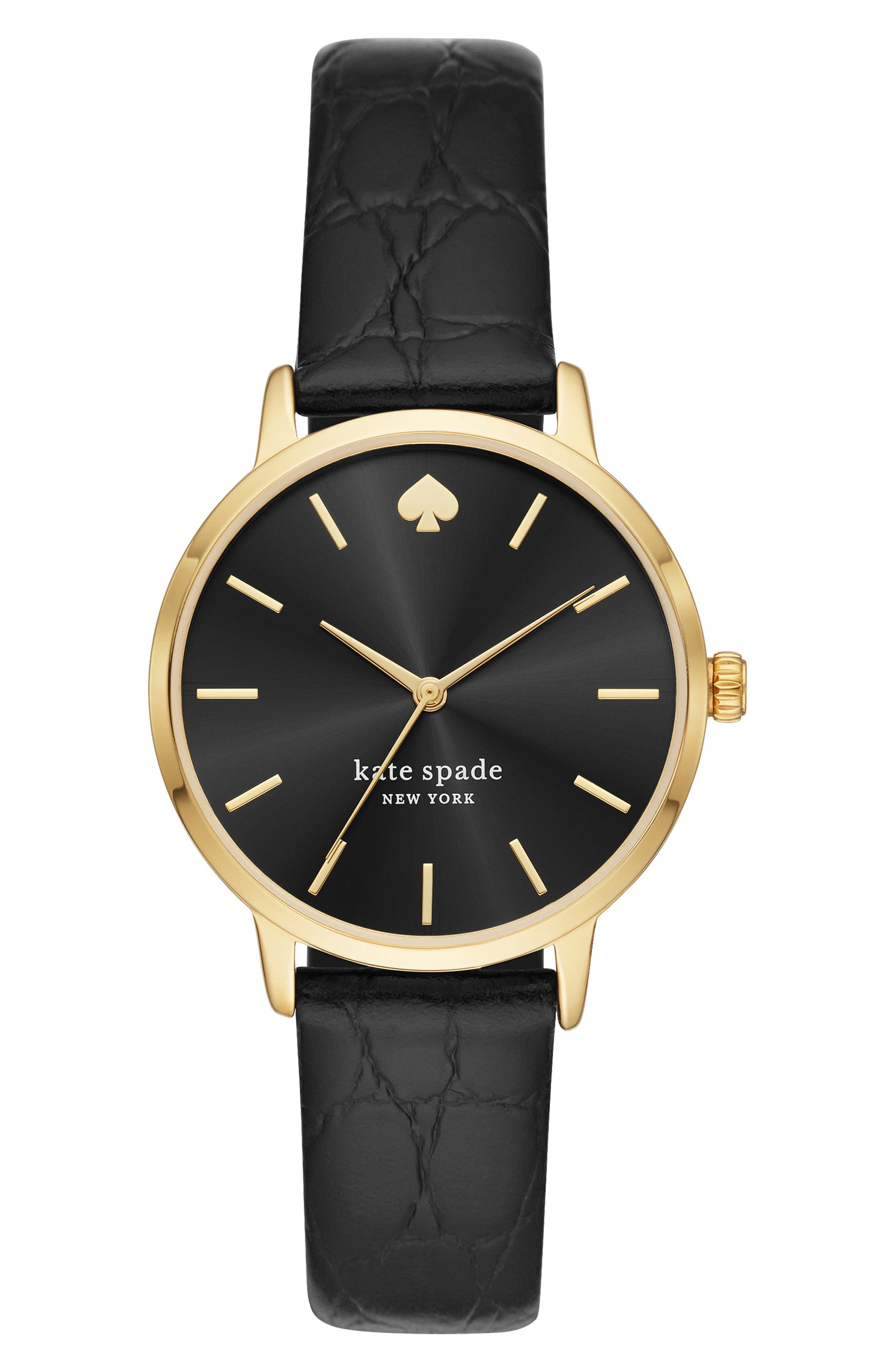 KATE SPADE NEW YORK Metro Croc Embossed Leather Strap Watch, 34mm, Main, color, BLACK