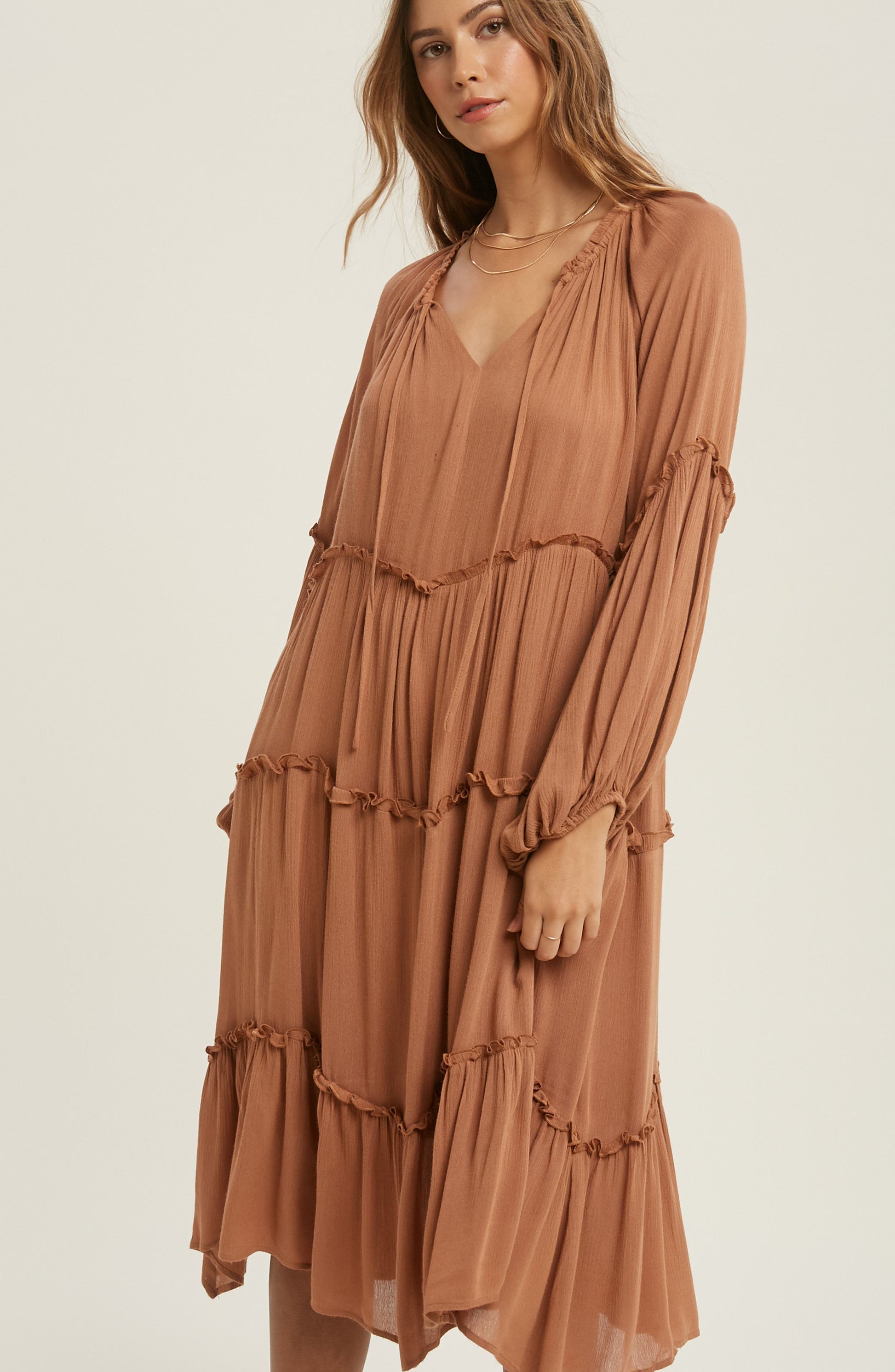 WISHLIST Notched Neck Long Sleeve Tiered Dress, Alternate, color, Brown