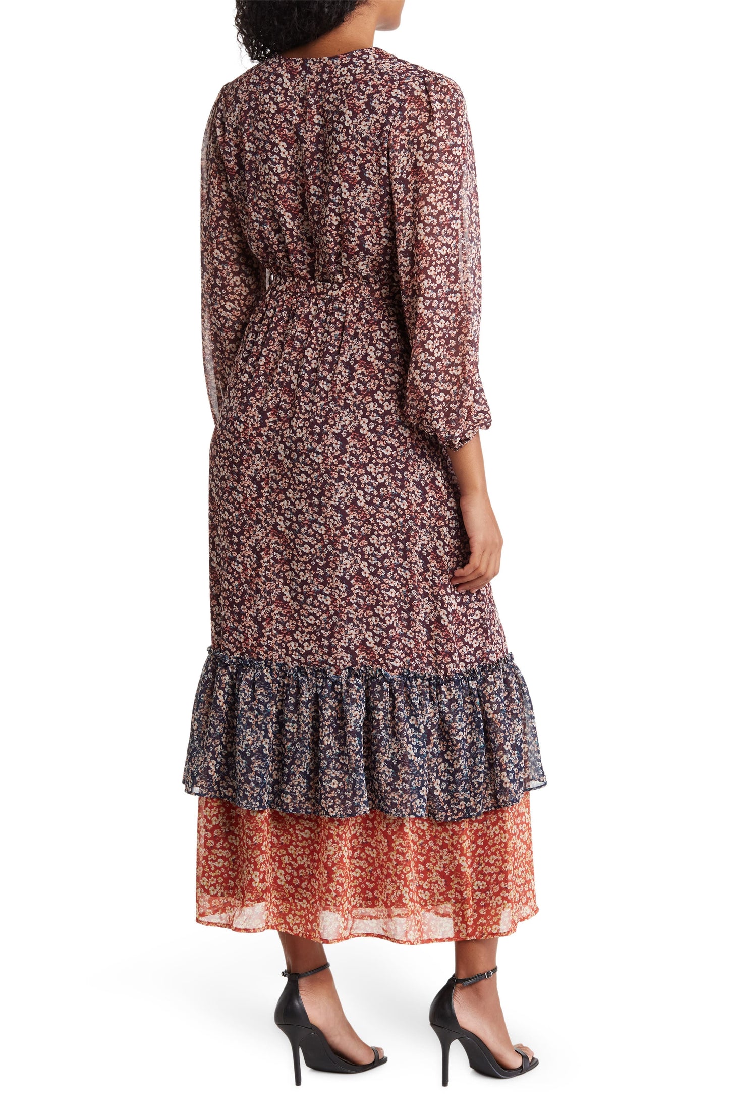 COLLECTIVE CONCEPTS Long Sleeve Ruffle Hem Dress, Alternate, color, BROWN FLORAL