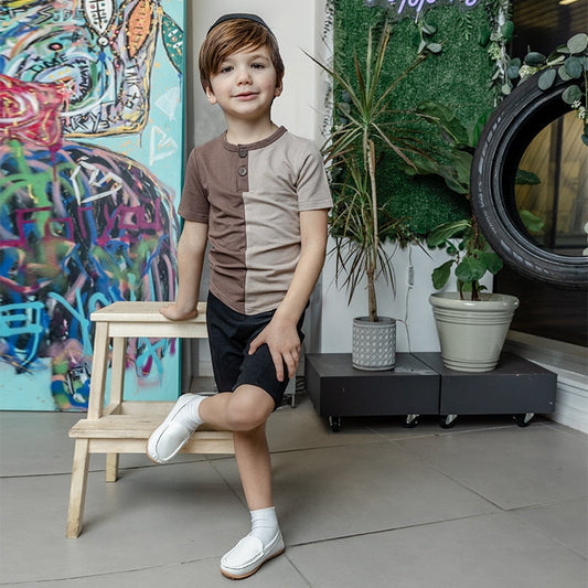 Brown denim colorblock set boys shirt round neck opening asymmetrical bottom soft material kids t shirt summer short/long sleeve