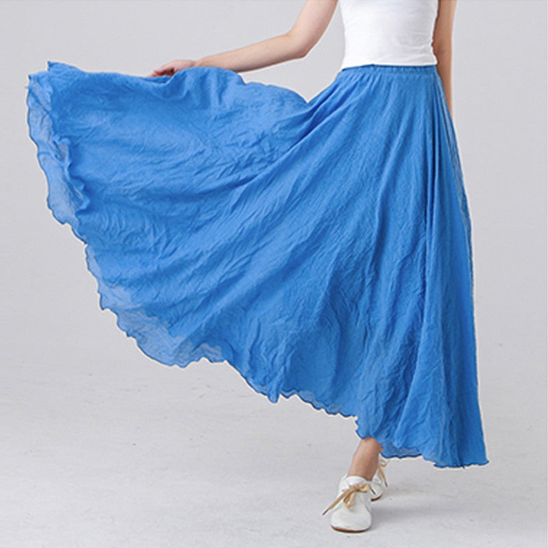 High Quality Cotton Linen Maxi Skirt Womens Casual Elastic High Waist Pleated A-Line Beach Skirts Boho Saia Feminina Faldas Jupe