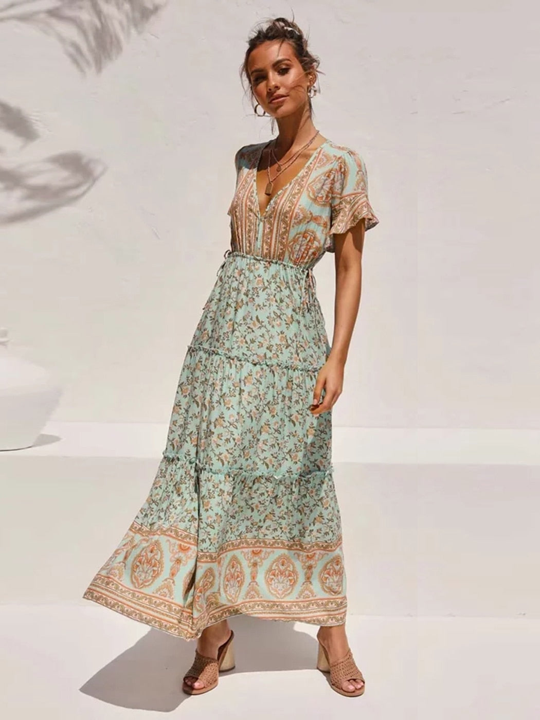 Jastie Boho Floral Printed Maxi Dress V Neck Sexy Ruffle Sleeve Vintage Vestidos 2022 Summer Hippie Beach Casual Women Dresses