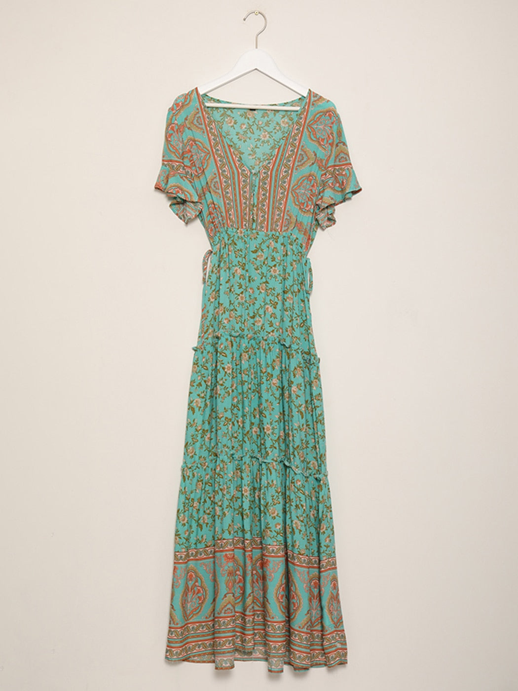 Jastie Boho Floral Printed Maxi Dress V Neck Sexy Ruffle Sleeve Vintage Vestidos 2022 Summer Hippie Beach Casual Women Dresses